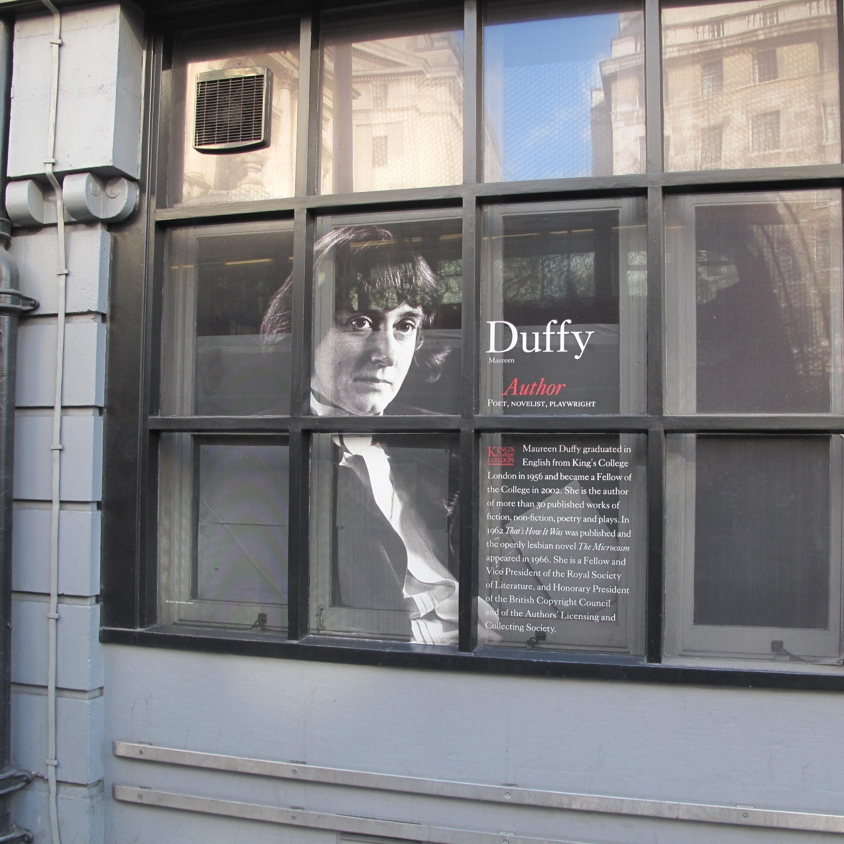 Maureen Duffy depicted in the windows of the King's Strand Campus © Christine Ayre